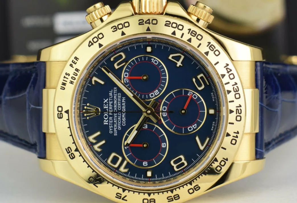 rolex_mens_mm_kt_gold_day_3-2.webp Sports Watches | Racing Professional Watches | Sant Blanc ROLEX Mens 40mm 18kt Gold Daytona Blue Arabic Dial Blue Strap Model 116518