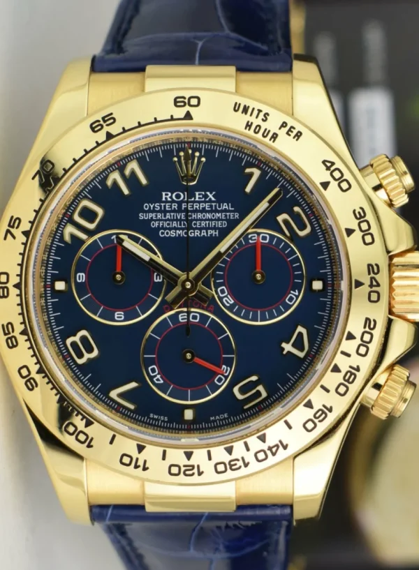 Sports Watches | Racing Professional Watches | Sant Blanc ROLEX Mens 40mm 18kt Gold Daytona Blue Arabic Dial Blue Strap Model 116518