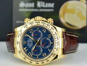 Sports Watches | Racing Professional Watches | Sant Blanc ROLEX Mens 40mm 18kt Gold Daytona Blue Arabic Dial Brown Strap Model 116518