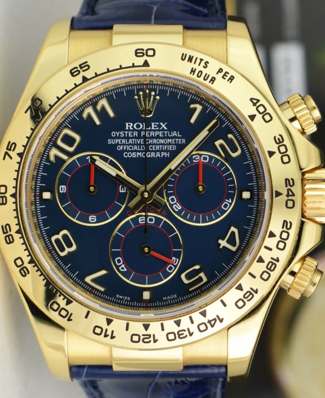 rolex_mens_mm_kt_gold_day_5-2.webp Sports Watches | Racing Professional Watches | Sant Blanc ROLEX Mens 40mm 18kt Gold Daytona Blue Arabic Dial Blue Strap Model 116518