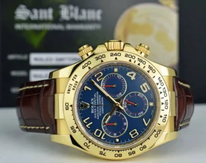 Sports Watches | Racing Professional Watches | Sant Blanc ROLEX Mens 40mm 18kt Gold Daytona Blue Arabic Dial Brown Strap Model 116518