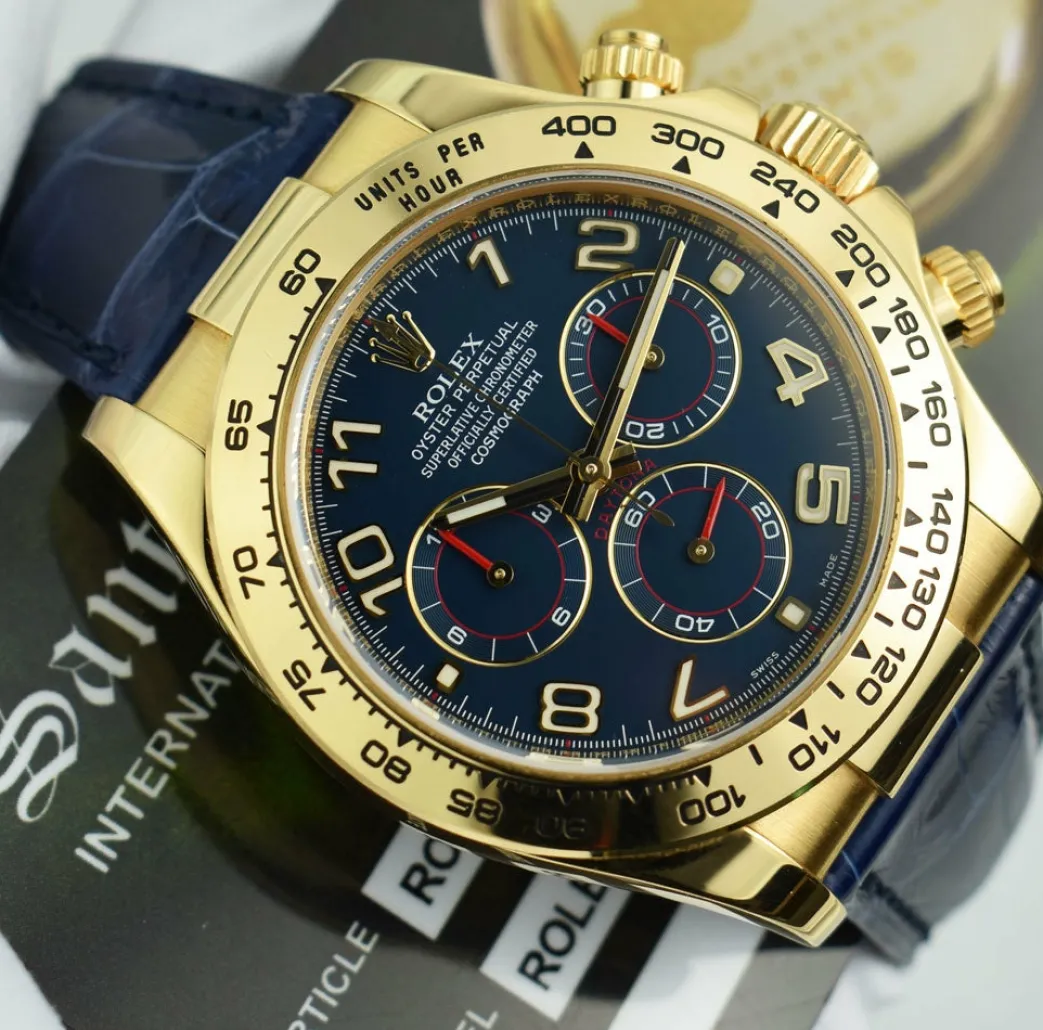rolex_mens_mm_kt_gold_day_7-2.webp Sports Watches | Racing Professional Watches | Sant Blanc ROLEX Mens 40mm 18kt Gold Daytona Blue Arabic Dial Blue Strap Model 116518