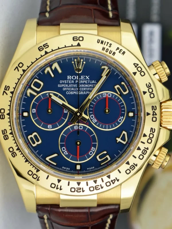 Sports Watches | Racing Professional Watches | Sant Blanc ROLEX Mens 40mm 18kt Gold Daytona Blue Arabic Dial Brown Strap Model 116518