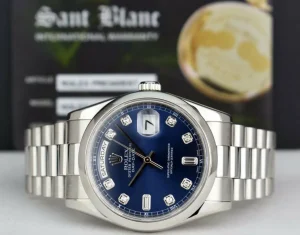 President Dress Watches | Sant Blanc ROLEX Mens Platinum Day Date President Blue Diamond Dial Model 118206