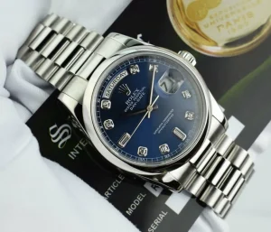 President Dress Watches | Sant Blanc ROLEX Mens Platinum Day Date President Blue Diamond Dial Model 118206