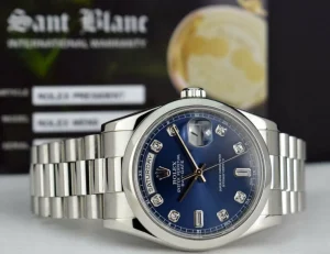 President Dress Watches | Sant Blanc ROLEX Mens Platinum Day Date President Blue Diamond Dial Model 118206