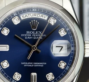 President Dress Watches | Sant Blanc ROLEX Mens Platinum Day Date President Blue Diamond Dial Model 118206