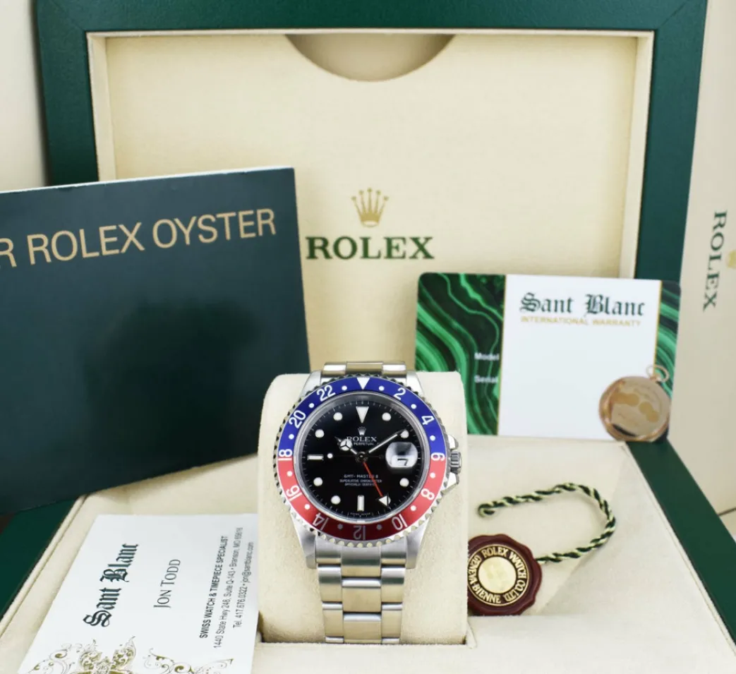 rolex_mens_stainless_stee_0-1.webp Pilots Professional Watches | Sant Blanc ROLEX Mens Stainless Steel GMT Master II Pepsi Bezel No Holes Model 16710