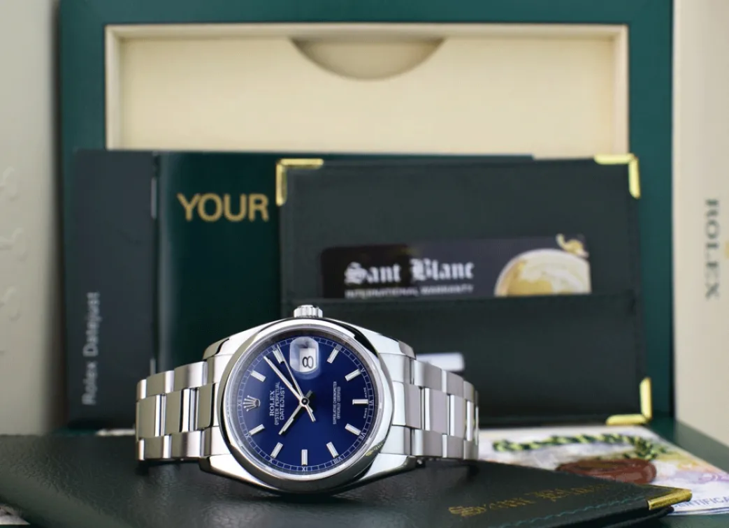 rolex_mens_stainless_stee_0-3.webp Men's Watches | Dress Watches | Sant Blanc ROLEX Mens Stainless Steel DateJust 36 Blue Index Dial Oyster Band Model 116200