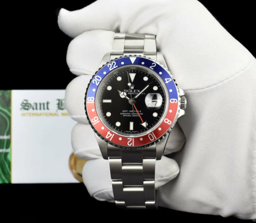rolex_mens_stainless_stee_1-1.webp Pilots Professional Watches | Sant Blanc ROLEX Mens Stainless Steel GMT Master II Pepsi Bezel No Holes Model 16710