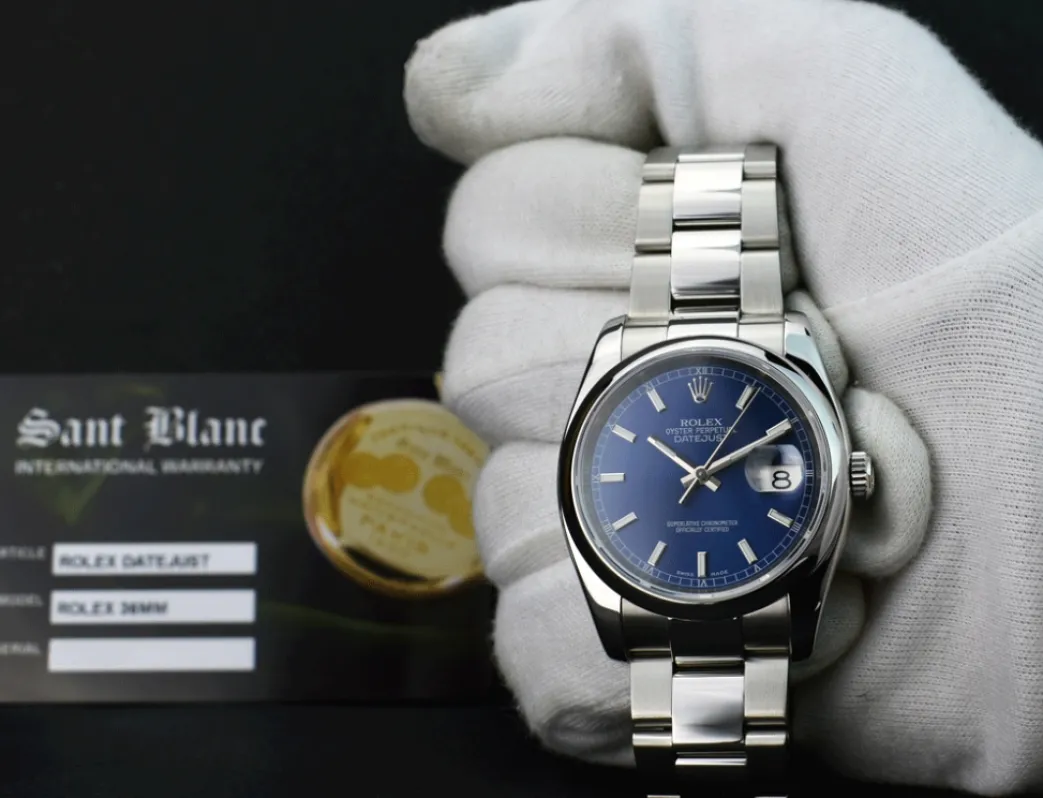 rolex_mens_stainless_stee_1-3.webp Men's Watches | Dress Watches | Sant Blanc ROLEX Mens Stainless Steel DateJust 36 Blue Index Dial Oyster Band Model 116200
