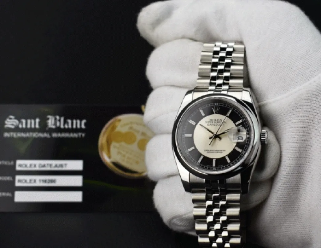 rolex_mens_stainless_stee_1-6.webp Men's Watches | Dress Watches | Sant Blanc ROLEX Mens Stainless Steel Datejust 36 Black BulIseye Dial Jubilee Band Model 116200