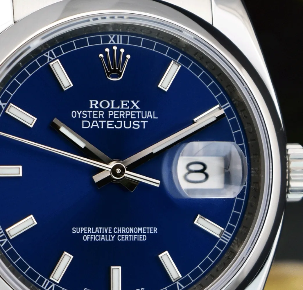 rolex_mens_stainless_stee_10.webp Men's Watches | Dress Watches | Sant Blanc ROLEX Mens Stainless Steel DateJust 36 Blue Index Dial Oyster Band Model 116200