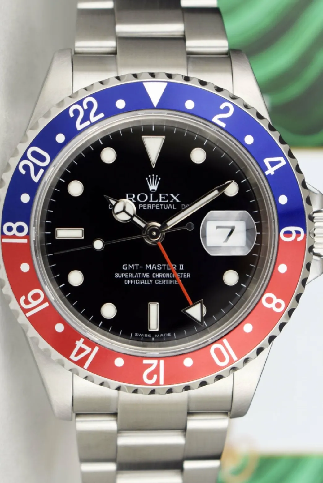 rolex_mens_stainless_stee_2-1.webp Pilots Professional Watches | Sant Blanc ROLEX Mens Stainless Steel GMT Master II Pepsi Bezel No Holes Model 16710