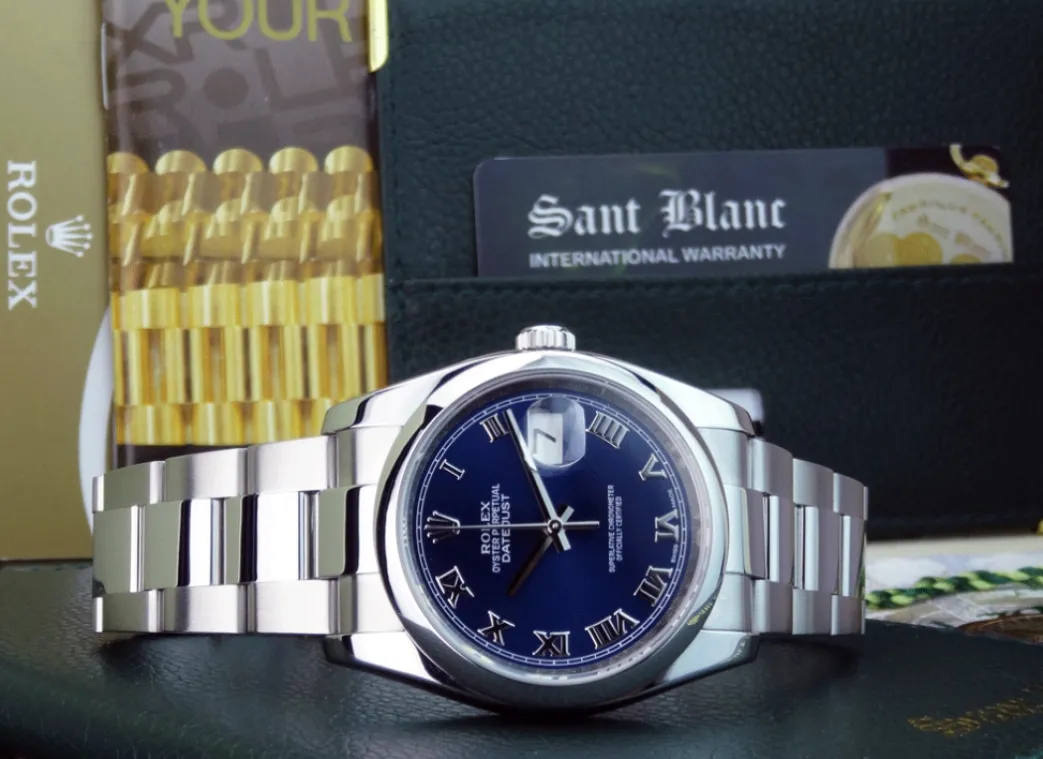 rolex_mens_stainless_stee_2-4.webp Men's Watches | Dress Watches | Sant Blanc ROLEX Mens Stainless Steel DateJust 36 Blue Roman Dial Oyster Band Model 116200