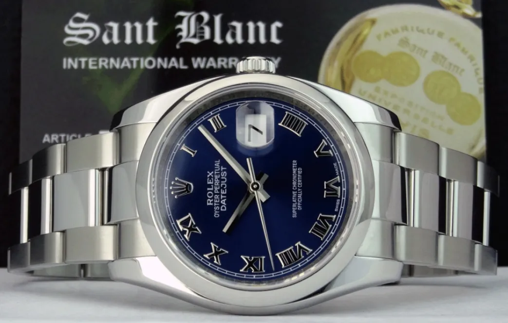 rolex_mens_stainless_stee_3-4.webp Men's Watches | Dress Watches | Sant Blanc ROLEX Mens Stainless Steel DateJust 36 Blue Roman Dial Oyster Band Model 116200