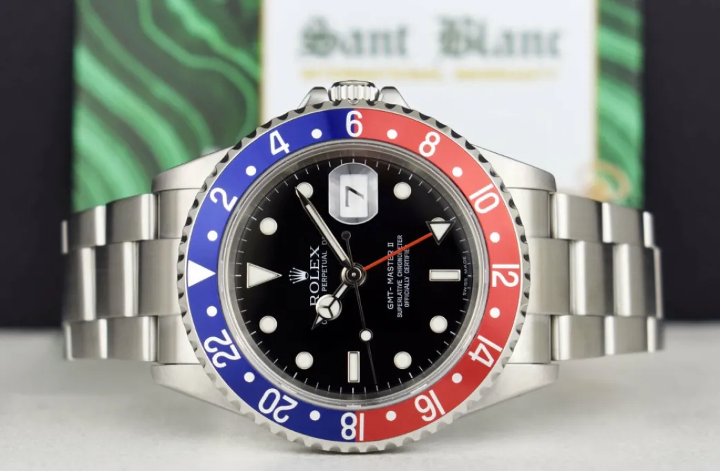 rolex_mens_stainless_stee_4-1.webp Pilots Professional Watches | Sant Blanc ROLEX Mens Stainless Steel GMT Master II Pepsi Bezel No Holes Model 16710