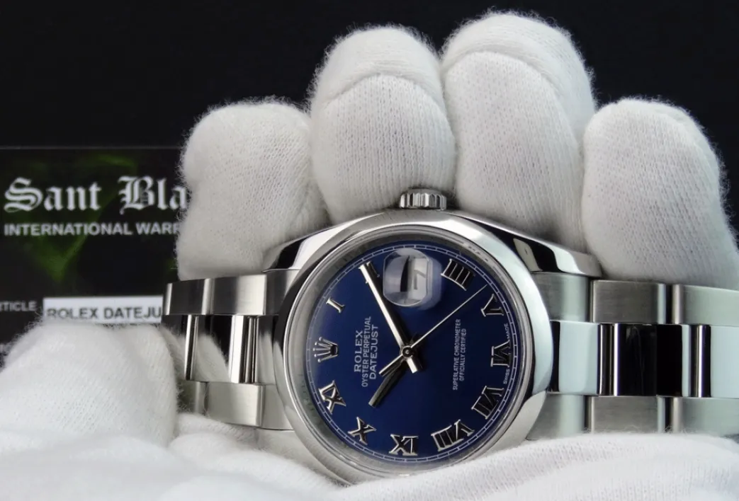 rolex_mens_stainless_stee_4-4.webp Men's Watches | Dress Watches | Sant Blanc ROLEX Mens Stainless Steel DateJust 36 Blue Roman Dial Oyster Band Model 116200