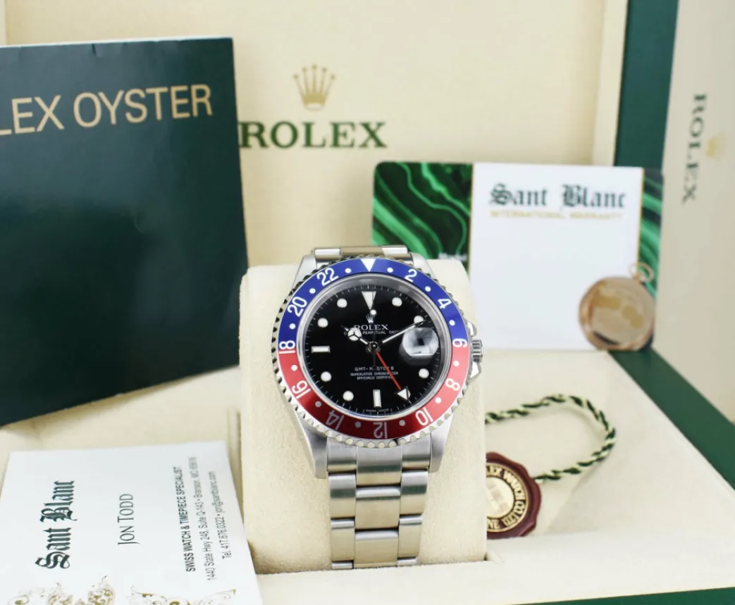 rolex_mens_stainless_stee_8-1.webp Pilots Professional Watches | Sant Blanc ROLEX Mens Stainless Steel GMT Master II Pepsi Bezel No Holes Model 16710