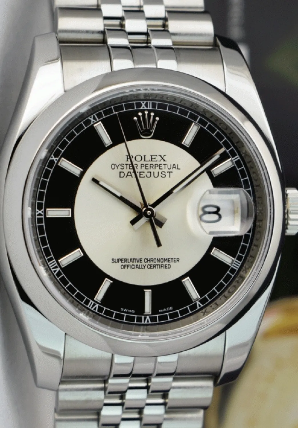 rolex_mens_stainless_stee_8-6.webp Men's Watches | Dress Watches | Sant Blanc ROLEX Mens Stainless Steel Datejust 36 Black BulIseye Dial Jubilee Band Model 116200