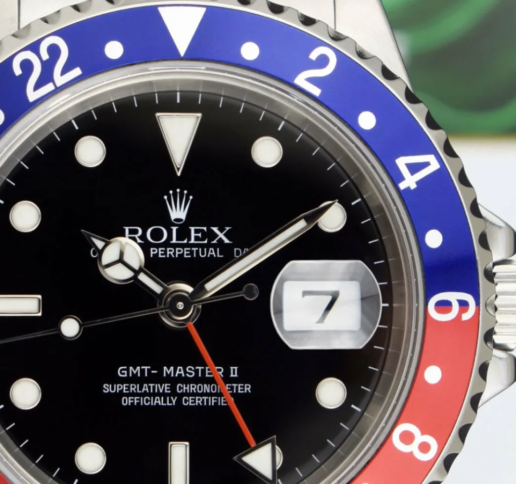 rolex_mens_stainless_stee_9-1.webp Pilots Professional Watches | Sant Blanc ROLEX Mens Stainless Steel GMT Master II Pepsi Bezel No Holes Model 16710