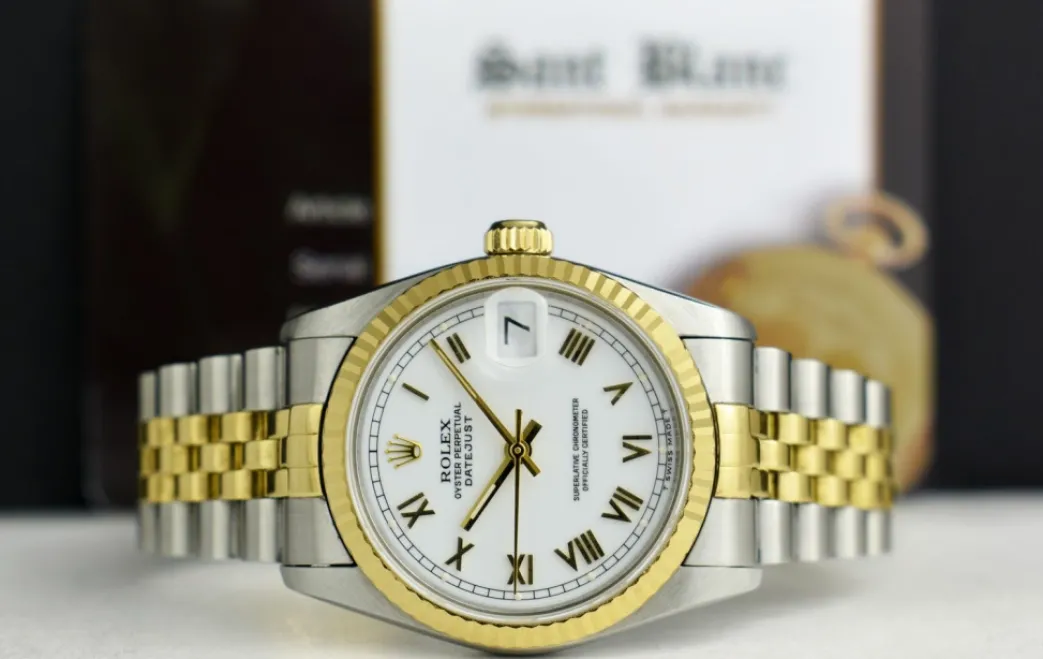 rolex_midsize_kt_gold__st_2-1.webp Ladies Watches | Dress Watches | Sant Blanc ROLEX Midsize 18kt Gold & Stainless Steel Datejust White Roman Dial Model 68273