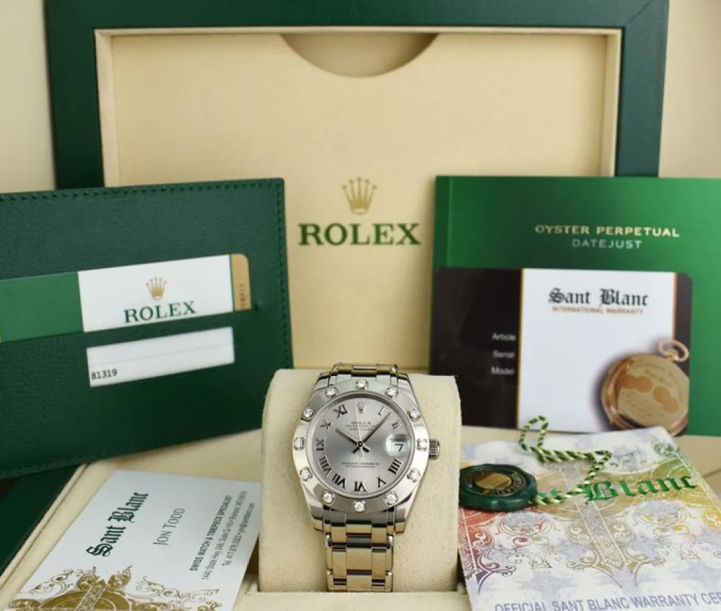 rolex_midsize_white_gold__0.webp The Masterpiece | Sant Blanc ROLEX Midsize White Gold Pearlmaster Datejust Silver Roman Card Model 81319