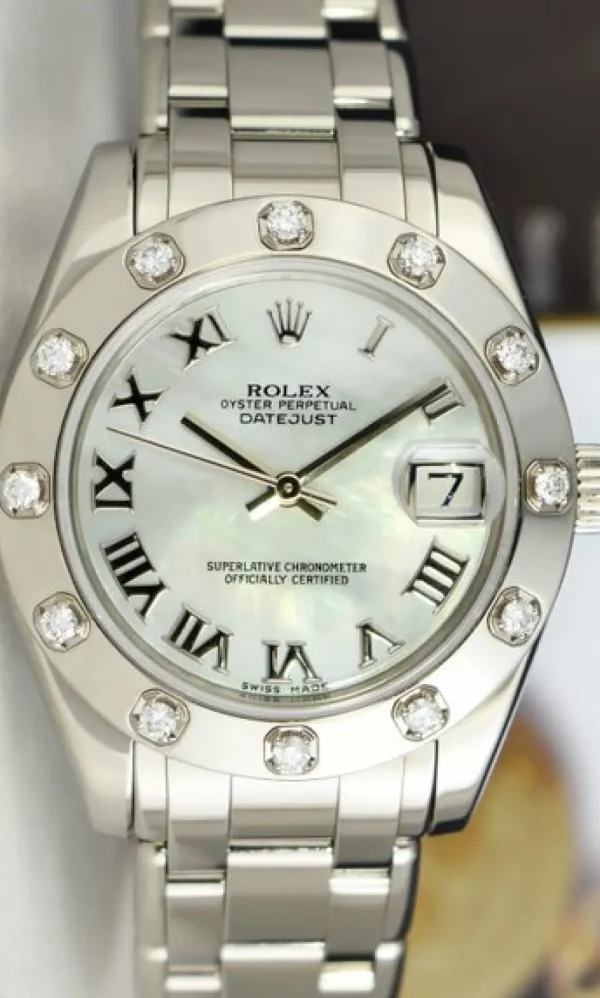 The Masterpiece | Sant Blanc ROLEX Midsize White Gold Pearlmaster Datejust Mother of Pearl Roman Dial Model 81319