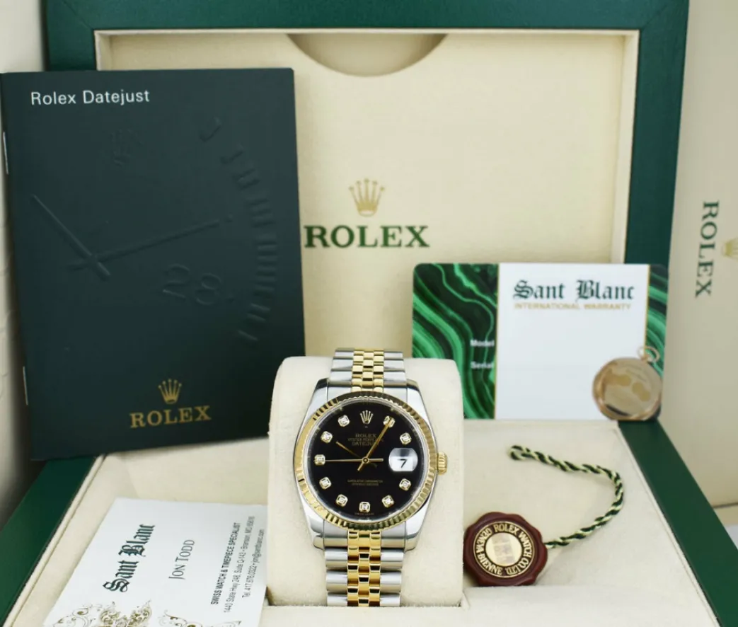 rolex_mm_kt_gold__stainle_0-1.webp Dress Watches | Sant Blanc ROLEX 36mm 18kt Gold & Stainless Steel DateJust Black Diamond Custom Bezel Model 116233