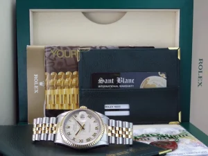 Men's Watches | Dress Watches | Sant Blanc ROLEX 36mm 18kt Gold & Stainless DateJust Ivory Pyramid Roman Dial Jubilee Band Model 16233