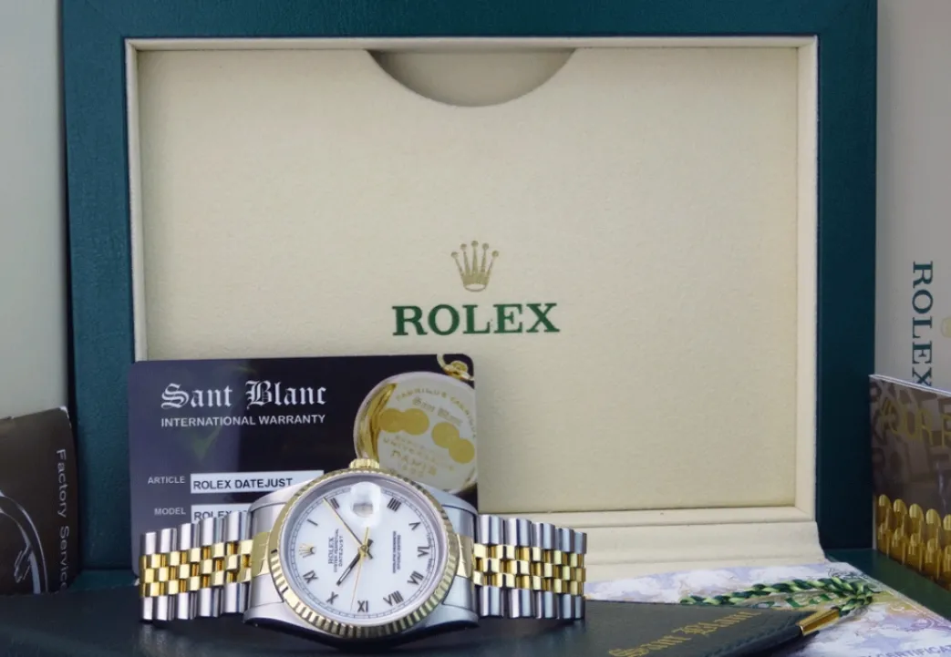 rolex_mm_kt_gold__stainle_0-12.webp Men's Watches | Dress Watches | Sant Blanc ROLEX 36mm 18kt Gold & Stainless DateJust White Roman Dial Jubilee Band Model 16233