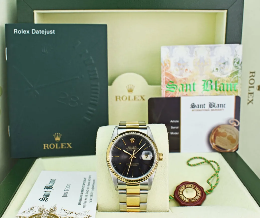 rolex_mm_kt_gold__stainle_0-17.webp Men's Watches | Dress Watches | Sant Blanc ROLEX 36mm 18kt Gold & Stainless DateJust Black Tapestry Dial Oyster Band Model 16233