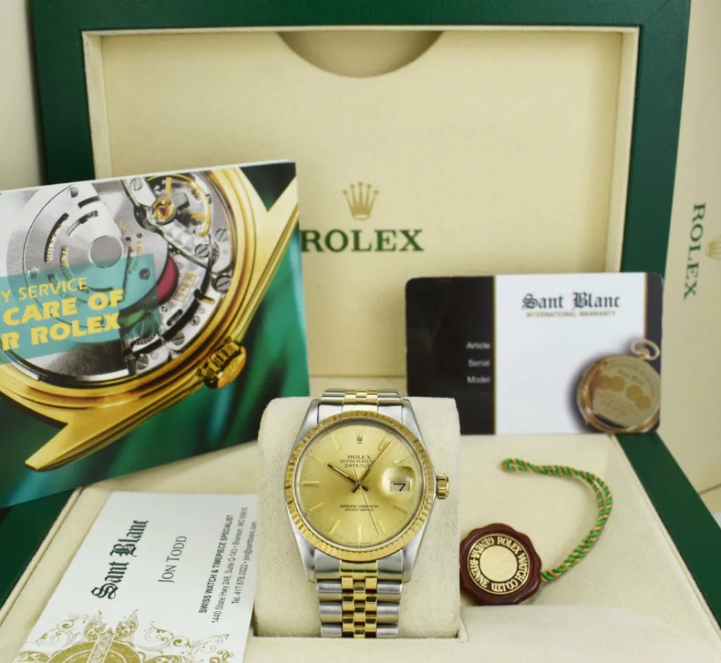 rolex_mm_kt_gold__stainle_0-2.webp Dress Watches | Sant Blanc ROLEX 36mm 18kt Gold & Stainless Steel DateJust Champagne Stick Dial Model 16013