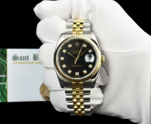 Dress Watches | Sant Blanc ROLEX 36mm 18kt Gold & Stainless Steel DateJust Black Diamond Custom Bezel Model 116233