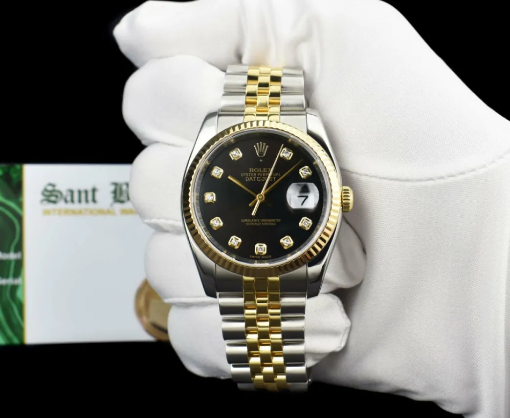 rolex_mm_kt_gold__stainle_1-1.webp Dress Watches | Sant Blanc ROLEX 36mm 18kt Gold & Stainless Steel DateJust Black Diamond Custom Bezel Model 116233