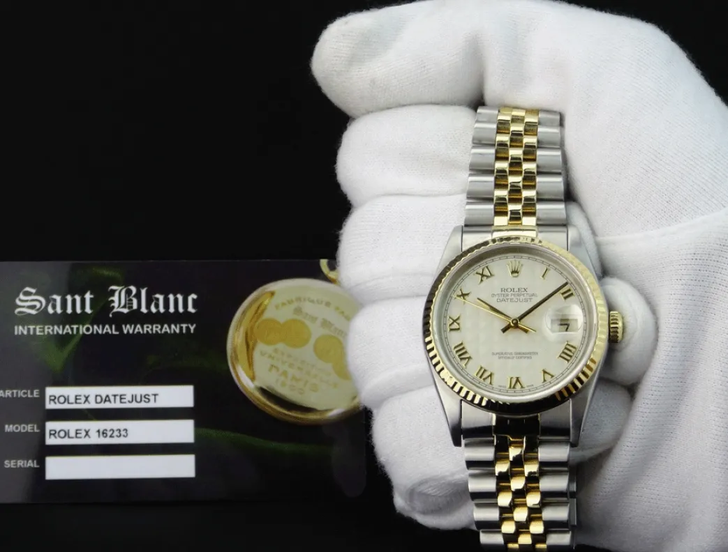 rolex_mm_kt_gold__stainle_1-10.webp Men's Watches | Dress Watches | Sant Blanc ROLEX 36mm 18kt Gold & Stainless DateJust Ivory Pyramid Roman Dial Jubilee Band Model 16233