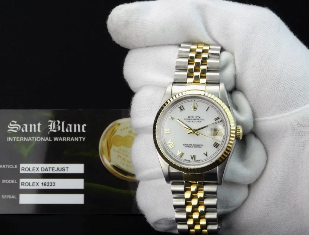 rolex_mm_kt_gold__stainle_1-12.webp Men's Watches | Dress Watches | Sant Blanc ROLEX 36mm 18kt Gold & Stainless DateJust White Roman Dial Jubilee Band Model 16233