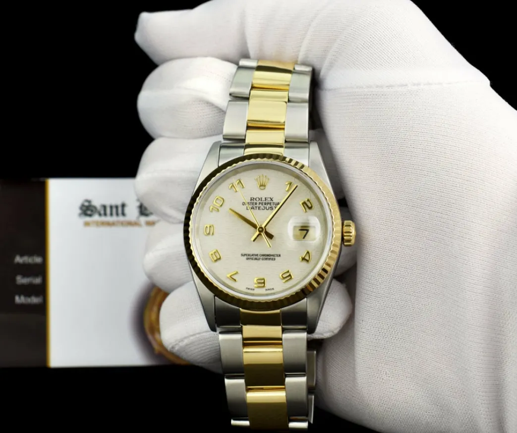 rolex_mm_kt_gold__stainle_1-13.webp Men's Watches | Dress Watches | Sant Blanc ROLEX 36mm 18kt Gold & Stainless DateJust Ivory Jubilee Arabic Dial Oyster Band Model 16233