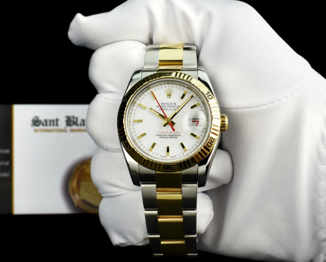 rolex_mm_kt_gold__stainle_1-6.webp Men's Watches | Dress Watches | Sant Blanc ROLEX 36mm 18kt Gold & Stainless Steel Turn-O-Graph Datejust White Dial Model 116263