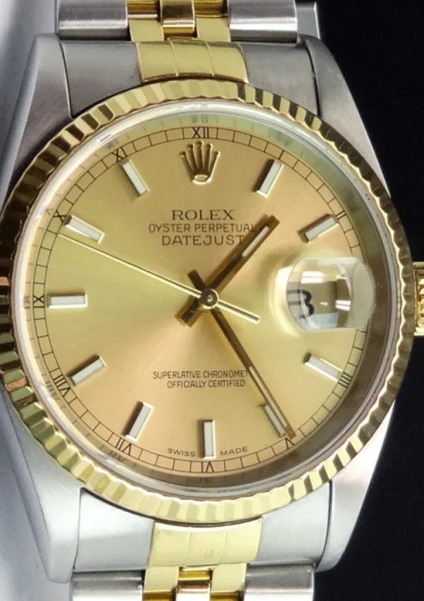 Men's Watches | Dress Watches | Sant Blanc ROLEX 36mm 18kt Gold & Stainless Steel DateJust Champagne Index Dial Model 16233
