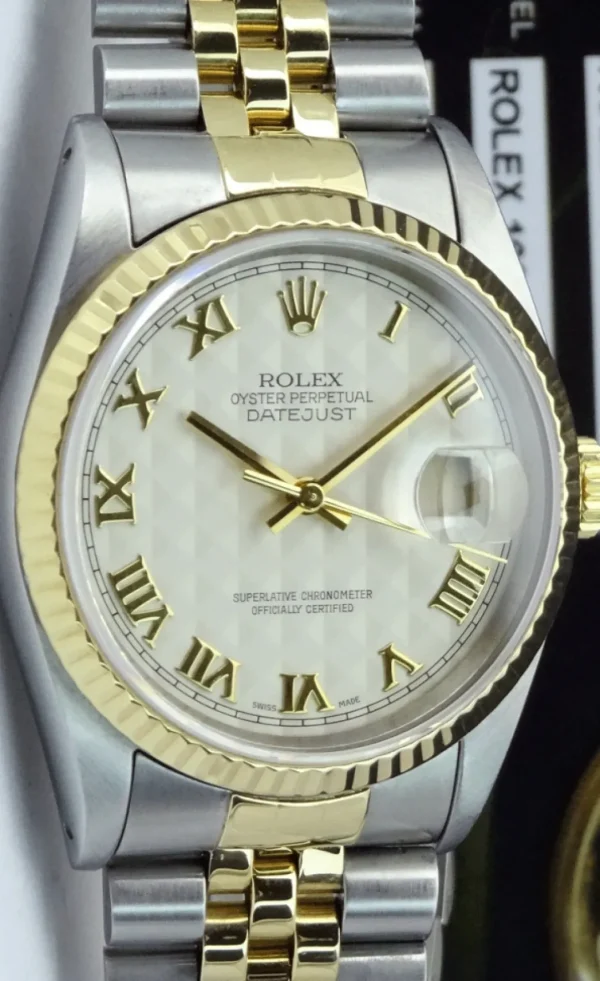 Men's Watches | Dress Watches | Sant Blanc ROLEX 36mm 18kt Gold & Stainless DateJust Ivory Pyramid Roman Dial Jubilee Band Model 16233