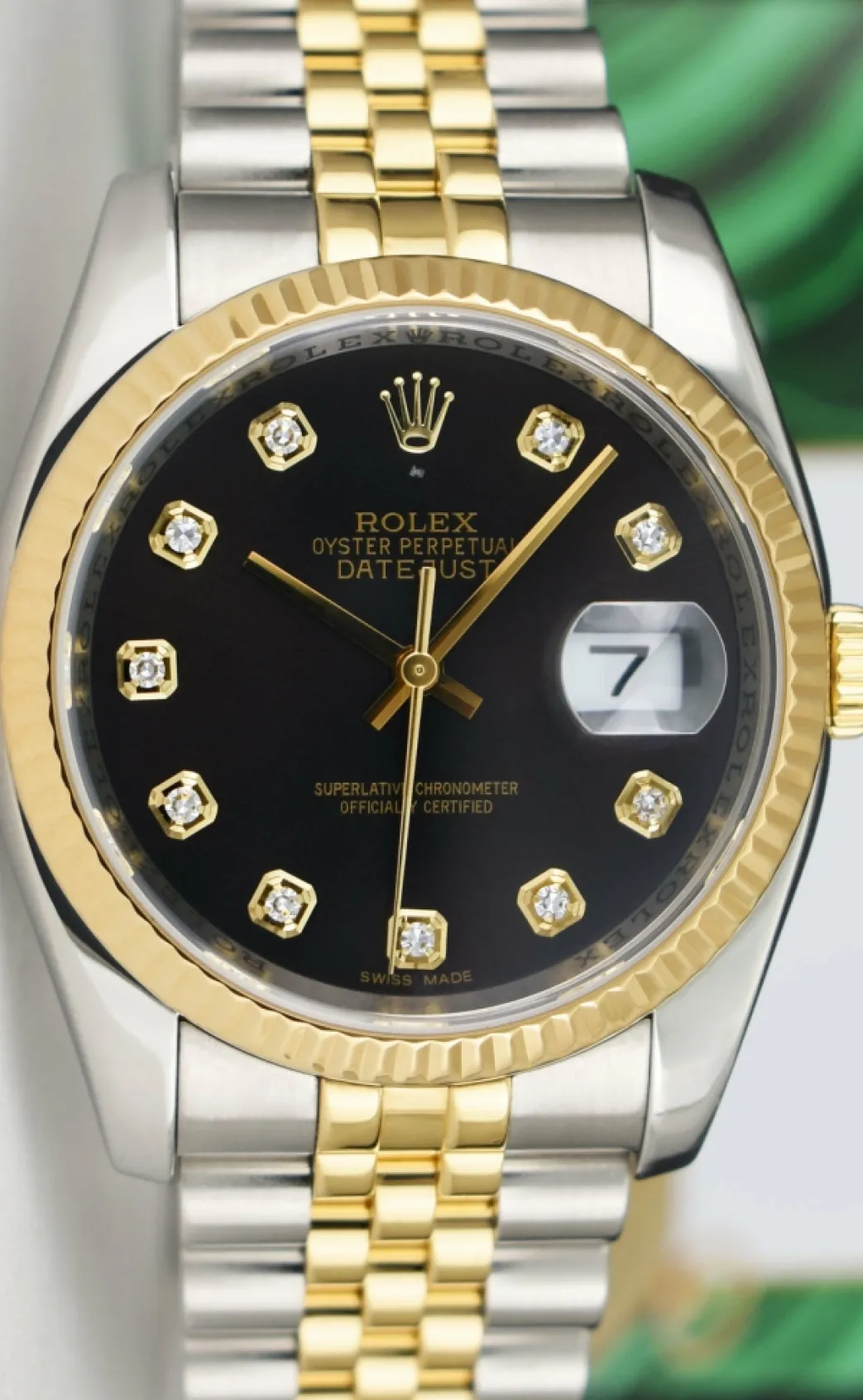 rolex_mm_kt_gold__stainle_2-1.webp Dress Watches | Sant Blanc ROLEX 36mm 18kt Gold & Stainless Steel DateJust Black Diamond Custom Bezel Model 116233