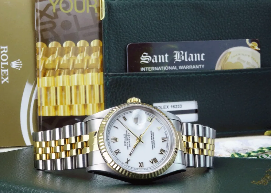 rolex_mm_kt_gold__stainle_2-11.webp Men's Watches | Dress Watches | Sant Blanc ROLEX 36mm 18kt Gold & Stainless DateJust White Roman Dial Jubilee Band Model 16233
