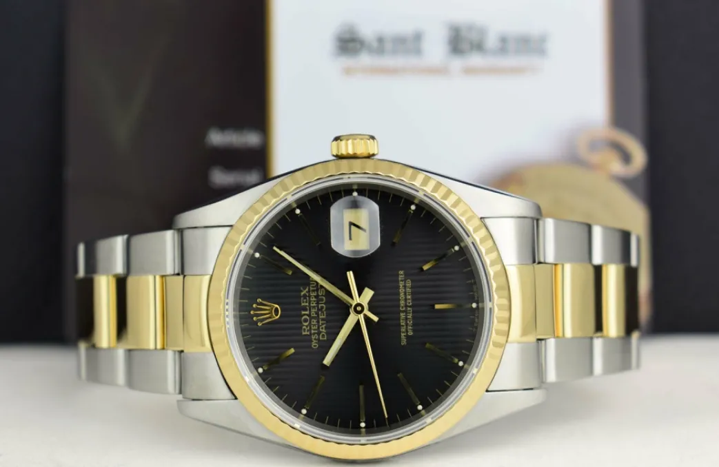 rolex_mm_kt_gold__stainle_2-16.webp Men's Watches | Dress Watches | Sant Blanc ROLEX 36mm 18kt Gold & Stainless DateJust Black Tapestry Dial Oyster Band Model 16233