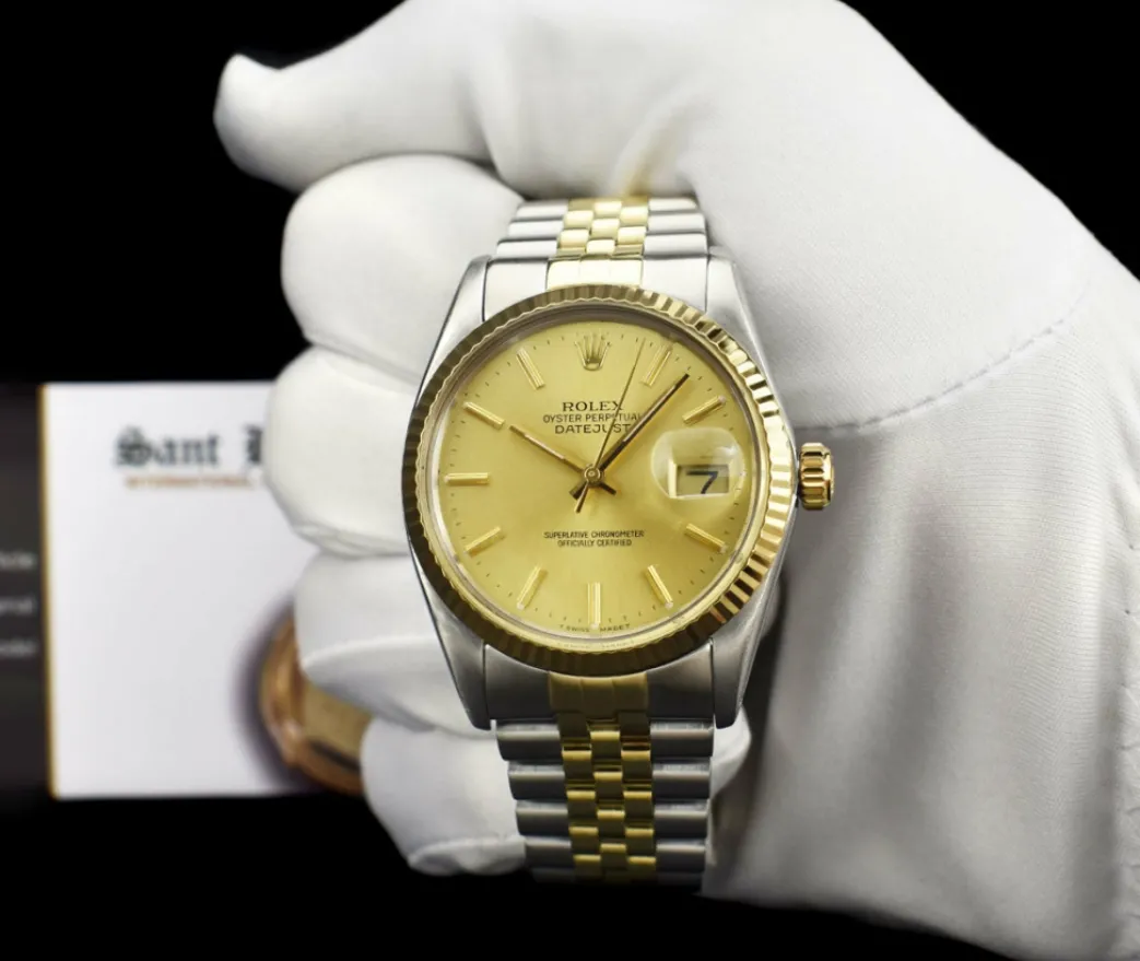 rolex_mm_kt_gold__stainle_2-2.webp Dress Watches | Sant Blanc ROLEX 36mm 18kt Gold & Stainless Steel DateJust Champagne Stick Dial Model 16013