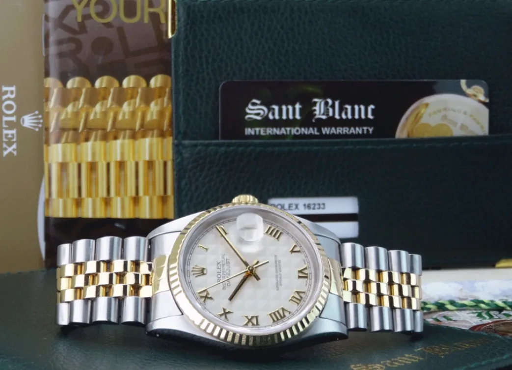 rolex_mm_kt_gold__stainle_2-9.webp Men's Watches | Dress Watches | Sant Blanc ROLEX 36mm 18kt Gold & Stainless DateJust Ivory Pyramid Roman Dial Jubilee Band Model 16233