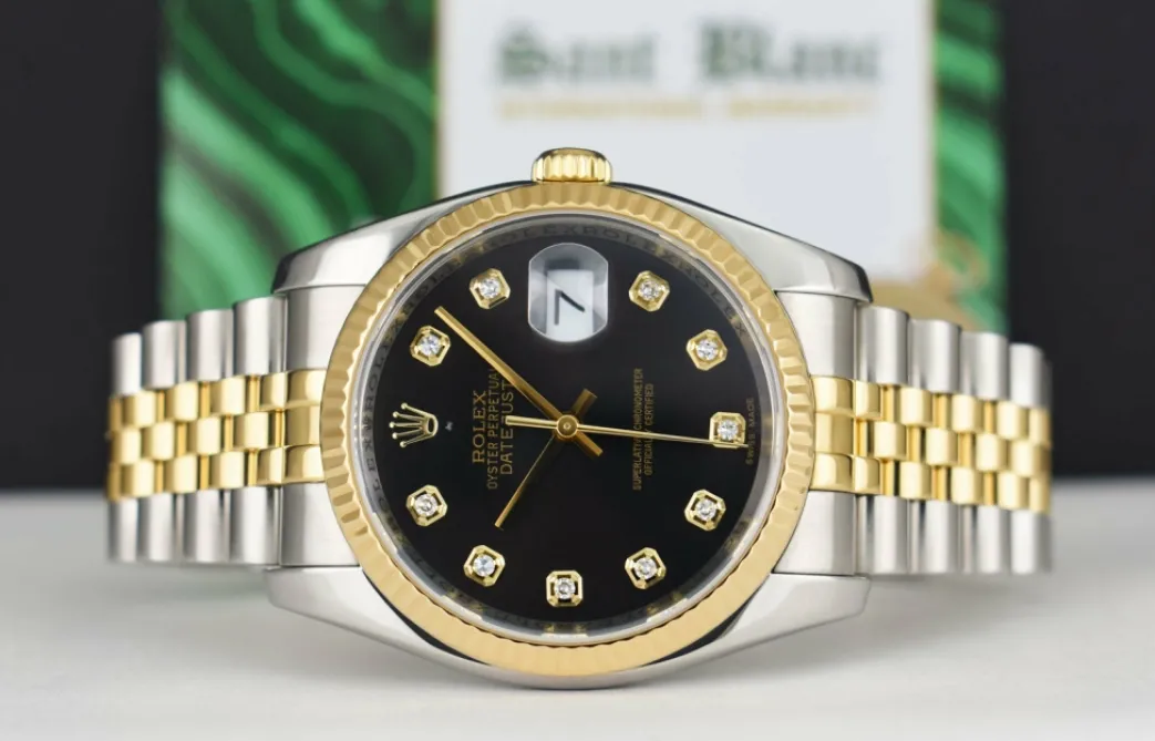rolex_mm_kt_gold__stainle_3-1.webp Dress Watches | Sant Blanc ROLEX 36mm 18kt Gold & Stainless Steel DateJust Black Diamond Custom Bezel Model 116233