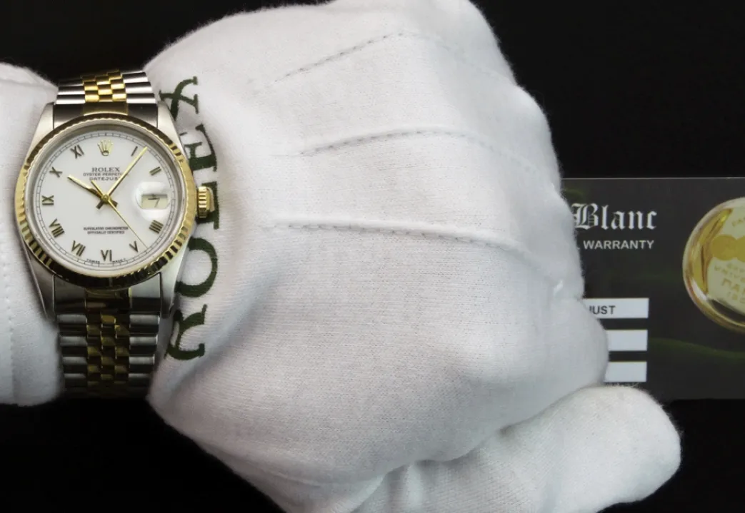 rolex_mm_kt_gold__stainle_3-11.webp Men's Watches | Dress Watches | Sant Blanc ROLEX 36mm 18kt Gold & Stainless DateJust White Roman Dial Jubilee Band Model 16233