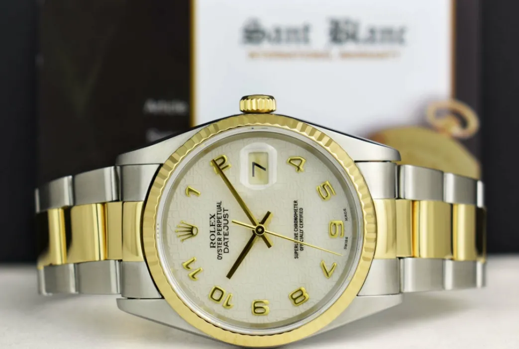 rolex_mm_kt_gold__stainle_3-12.webp Men's Watches | Dress Watches | Sant Blanc ROLEX 36mm 18kt Gold & Stainless DateJust Ivory Jubilee Arabic Dial Oyster Band Model 16233