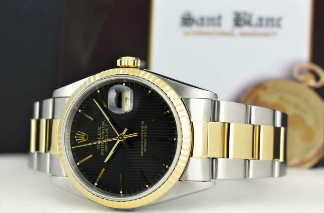 rolex_mm_kt_gold__stainle_3-16.webp Men's Watches | Dress Watches | Sant Blanc ROLEX 36mm 18kt Gold & Stainless DateJust Black Tapestry Dial Oyster Band Model 16233